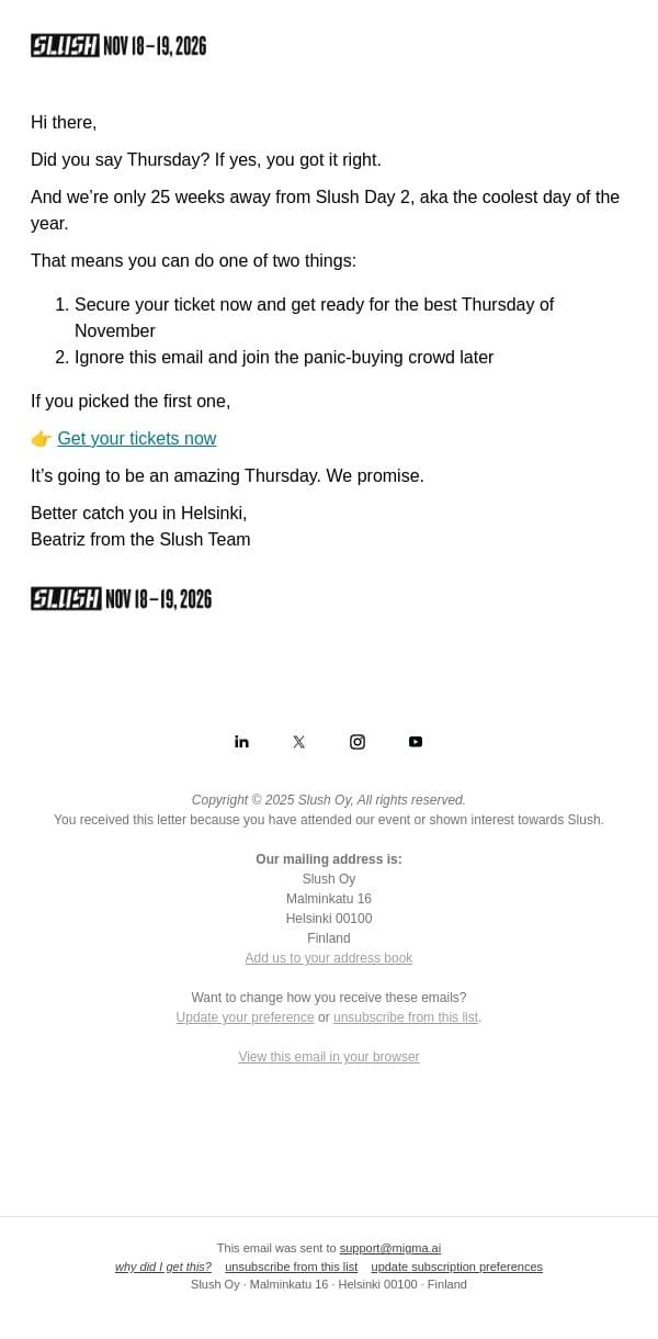 You Know What’s Better than Friday? email from Slush screenshot