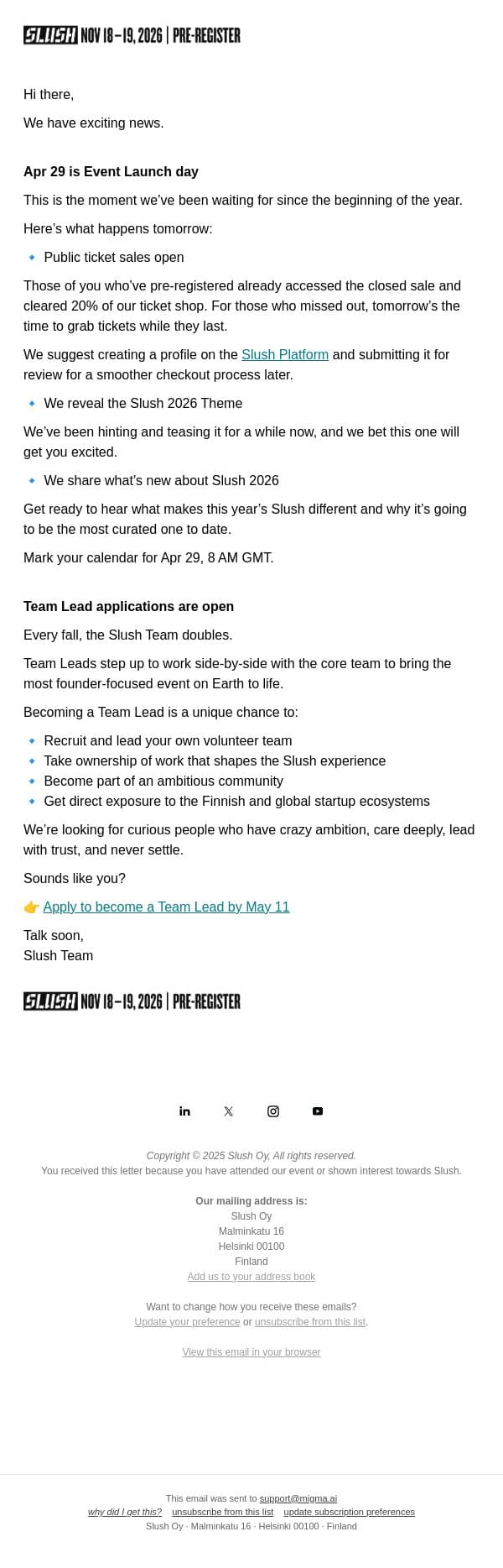 Big news: Event Launch, Team Lead Applications & More email from Slush screenshot