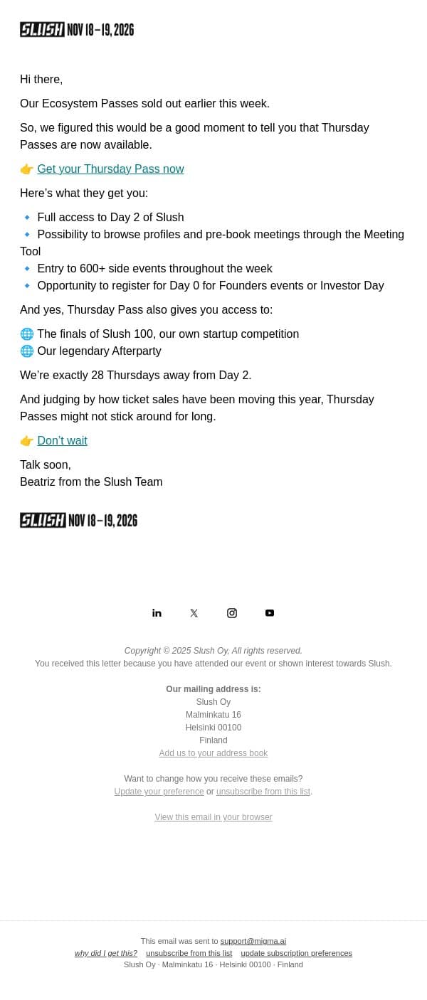 Thursday Passes Out Now email from Slush screenshot