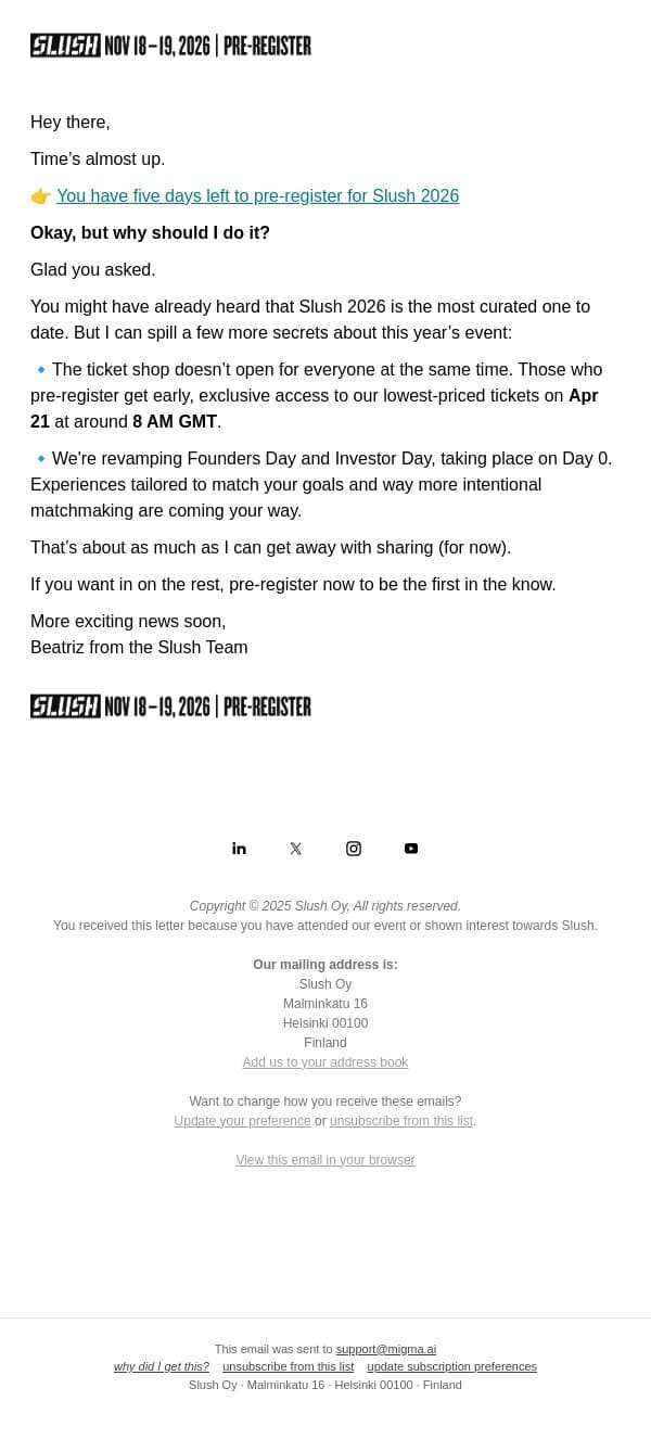 5 Days Left to Pre-Register + Slush 2026 Secrets email from Slush screenshot