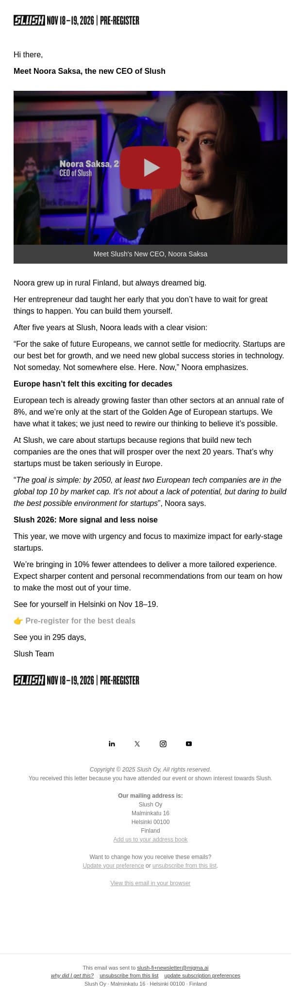 New Slush CEO: Golden Age of European Startups email from Slush screenshot
