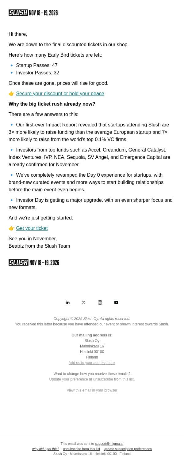 🚨 Less Than 80 Discounted Tickets Left email from Slush screenshot