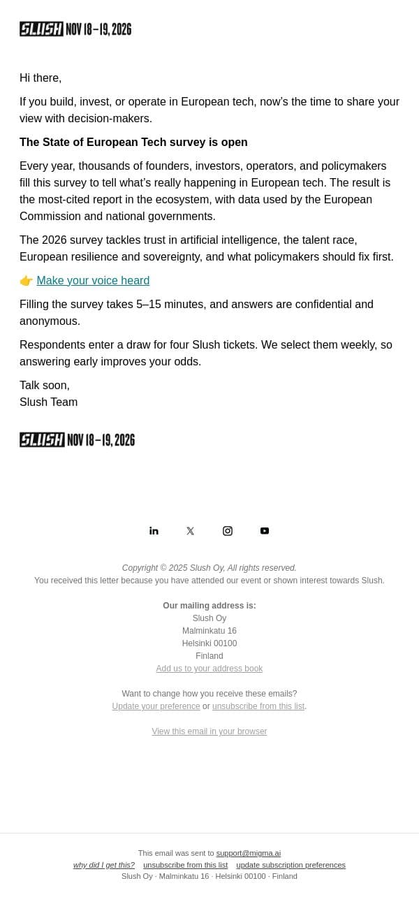 Help Shape the State of European Tech email from Slush screenshot