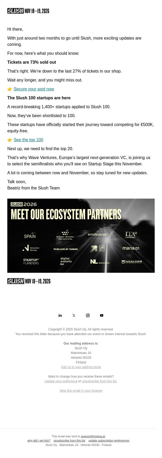 The 100 Most Promising Startups Are In email from Slush screenshot