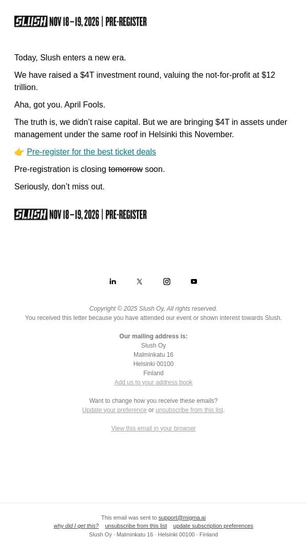 Slush Closes a $4T Funding Round email from Slush screenshot