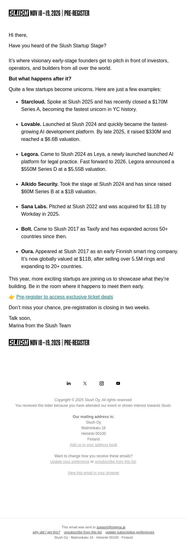 Meet Future Unicorns Before Everyone Else email from Slush screenshot