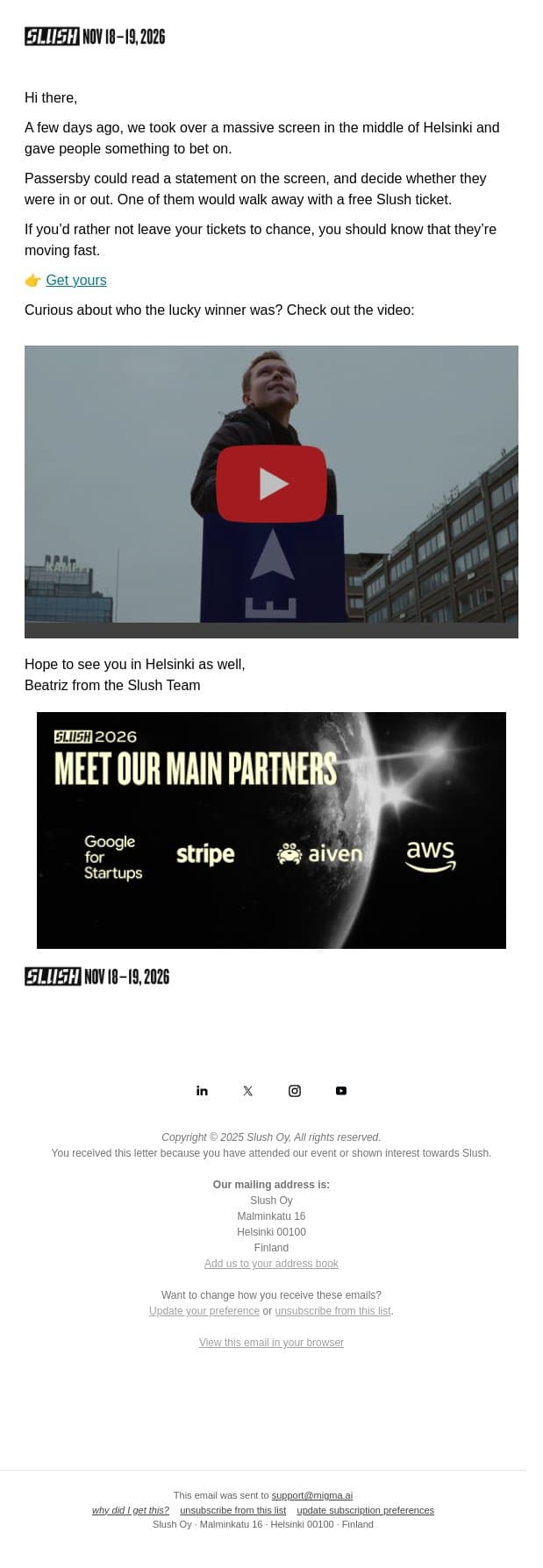We Asked You to Take A Bet email from Slush screenshot