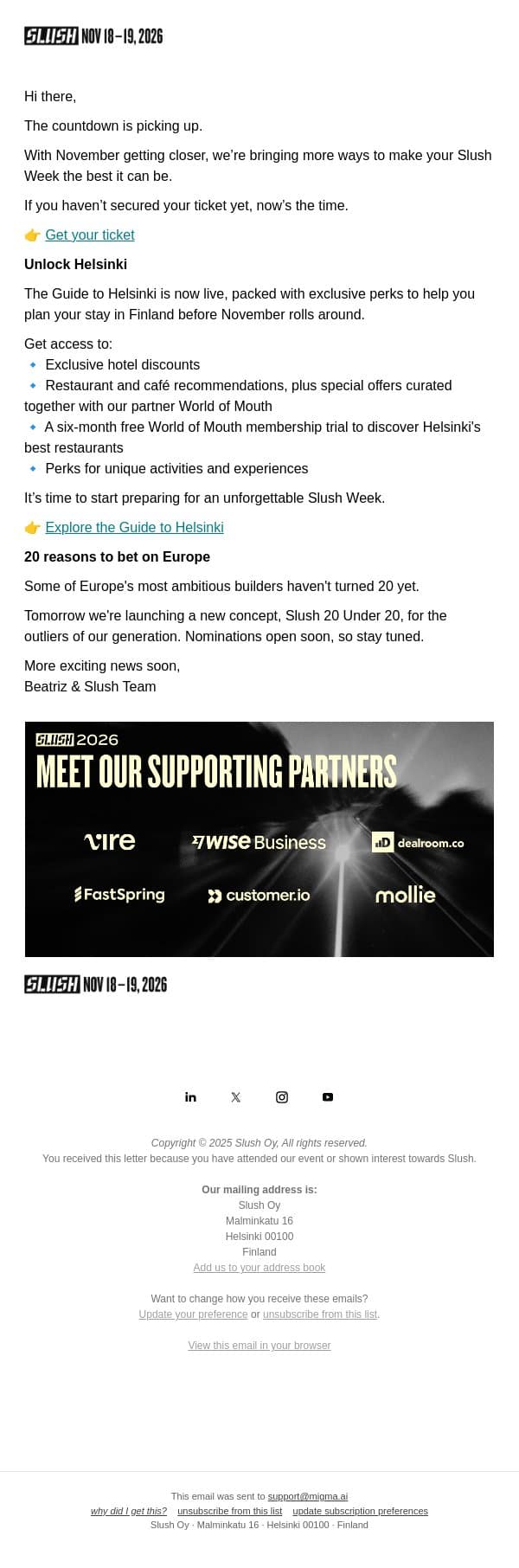 Getting Ready for Helsinki? email from Slush screenshot