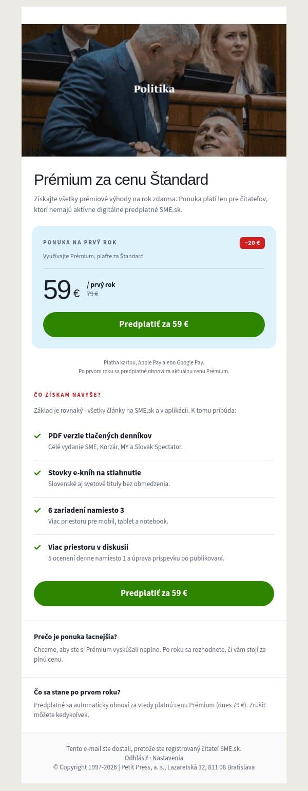 💥 Bonus k predplatnému Štandard: aktivujte si výhody Prémium. email from SME.sk screenshot