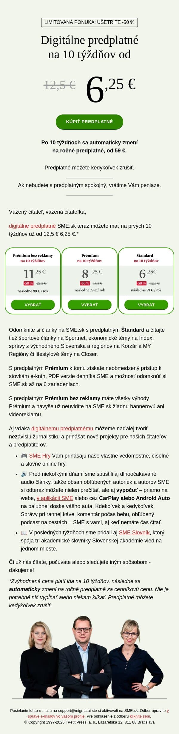 SME.sk za polovicu, od 6,25 € na prvých 10 týždňov email from SME.sk screenshot