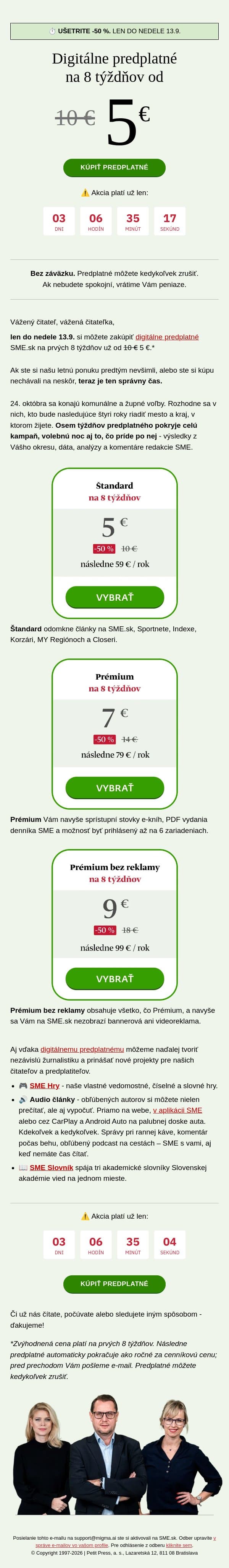 Už len 48 hodín: SME.sk za polovicu, od 5 € na 8 týždňov email from SME.sk screenshot