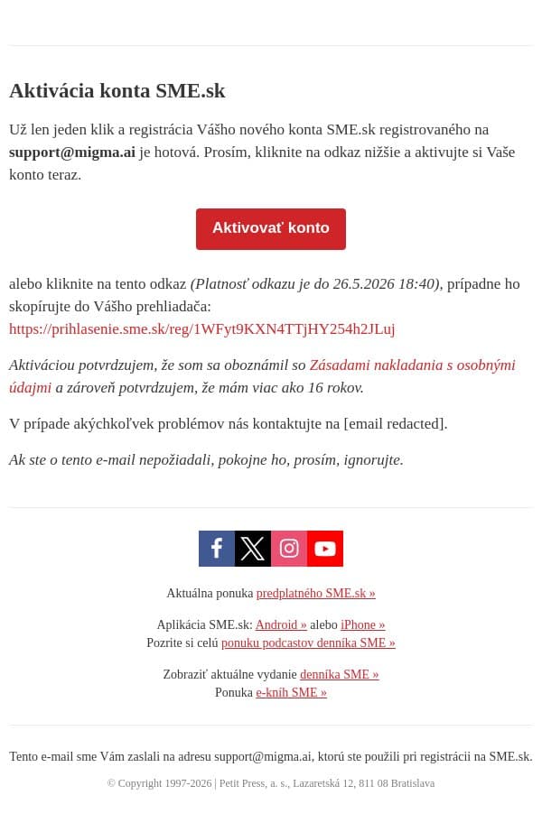 Dokončite vašu registráciu na SME.sk email from SME.sk screenshot