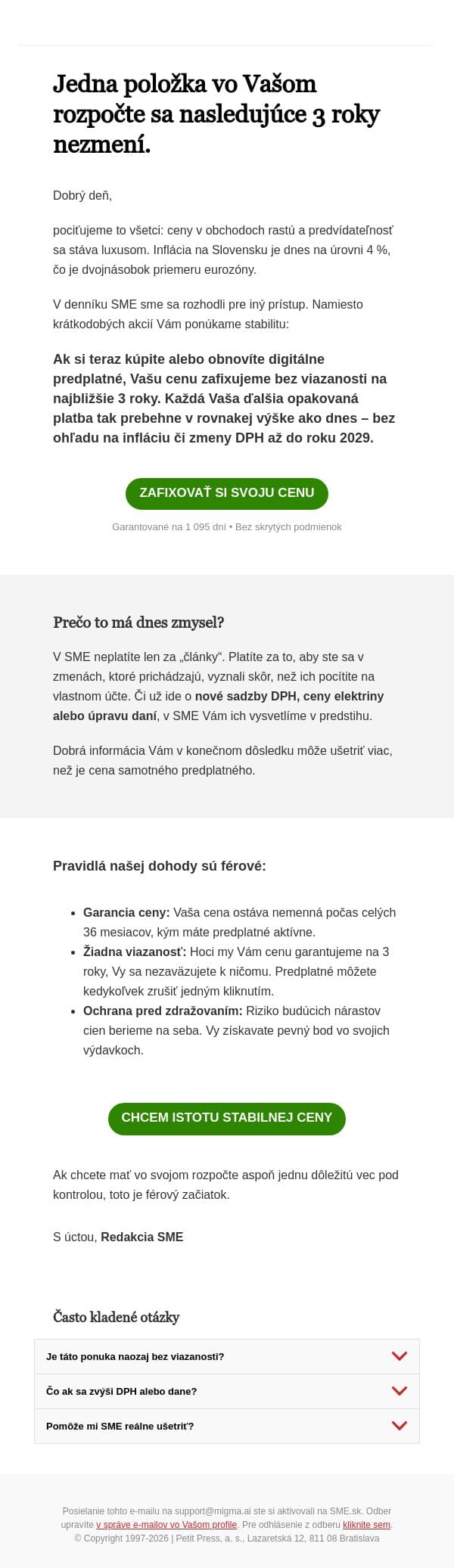 Vašu cenu sme sa rozhodli zafixovať až do roku 2029 email from SME.sk screenshot