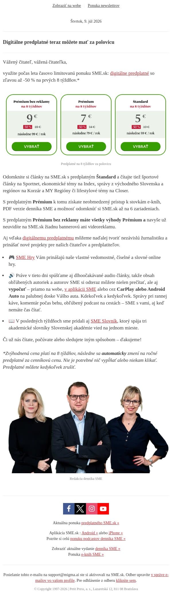 SME.sk so zľavou -50 % na 8 týždňov email from SME.sk screenshot