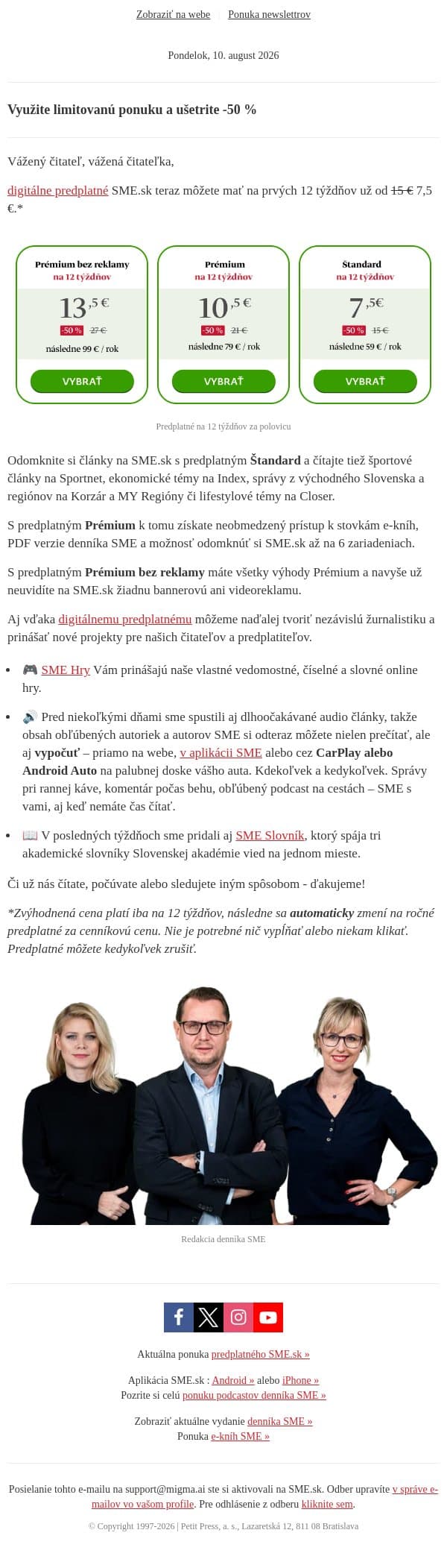 SME.sk za polovicu, od 7,5 € na prvých 12 týždňov email from SME.sk screenshot