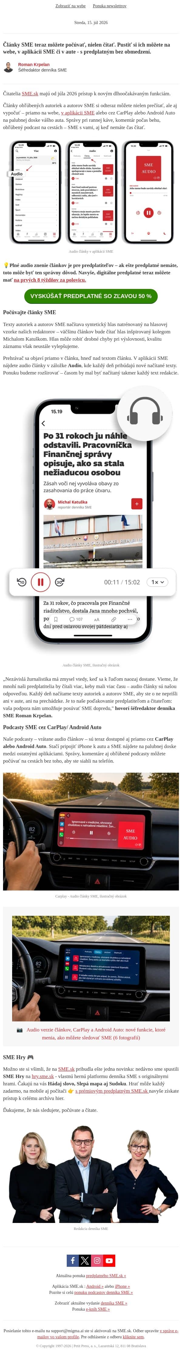Audio verzie článkov SME, aj v CarPlay a Android Auto: nové funkcie, ktoré menia, ako môžete sledovať SME email from SME.sk screenshot