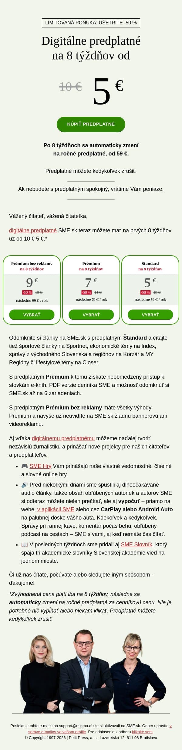 SME.sk za polovicu, od 5 € na prvých 8 týždňov email from SME.sk screenshot