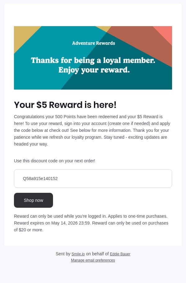 Your $5 Reward is here! email from Smile.io screenshot