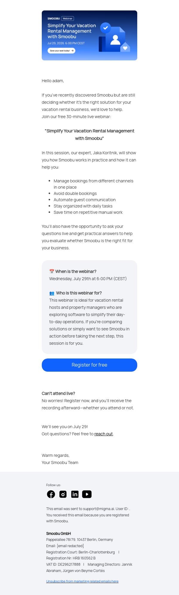 Is Smoobu the right fit for your business? Find out in 30 minutes email from Smoobu screenshot