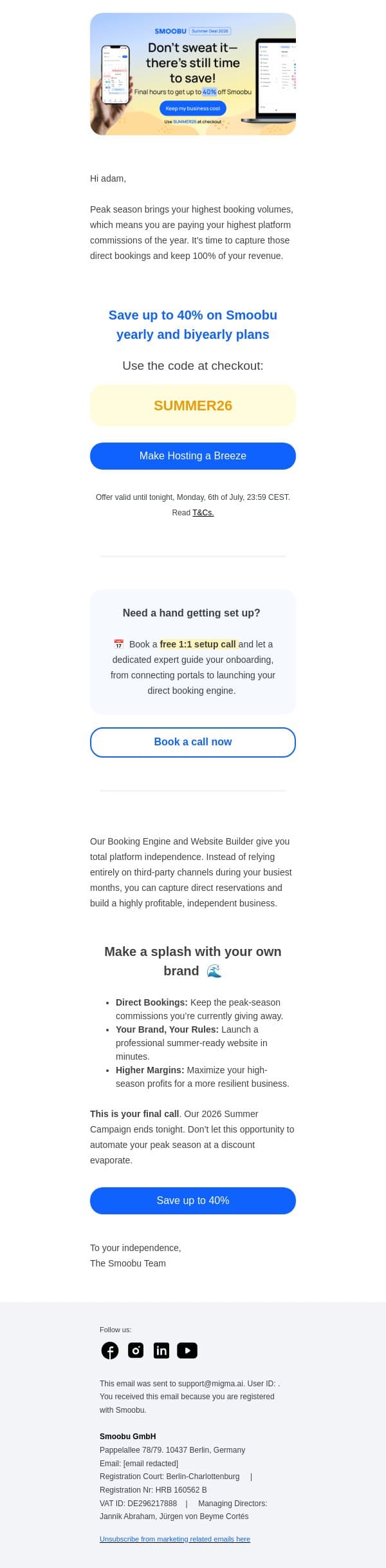 [Up to 40% OFF] ⏳ Final hours: Catch the wave of higher margins email from Smoobu screenshot