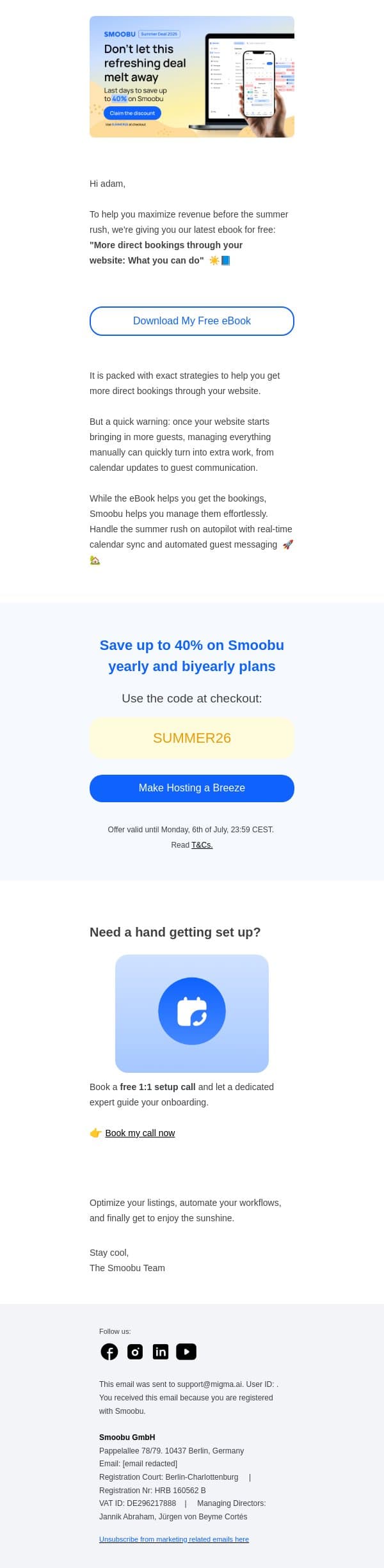 🎁 Free eBook: More direct bookings through your website (+ 40% off Smoobu) email from Smoobu screenshot
