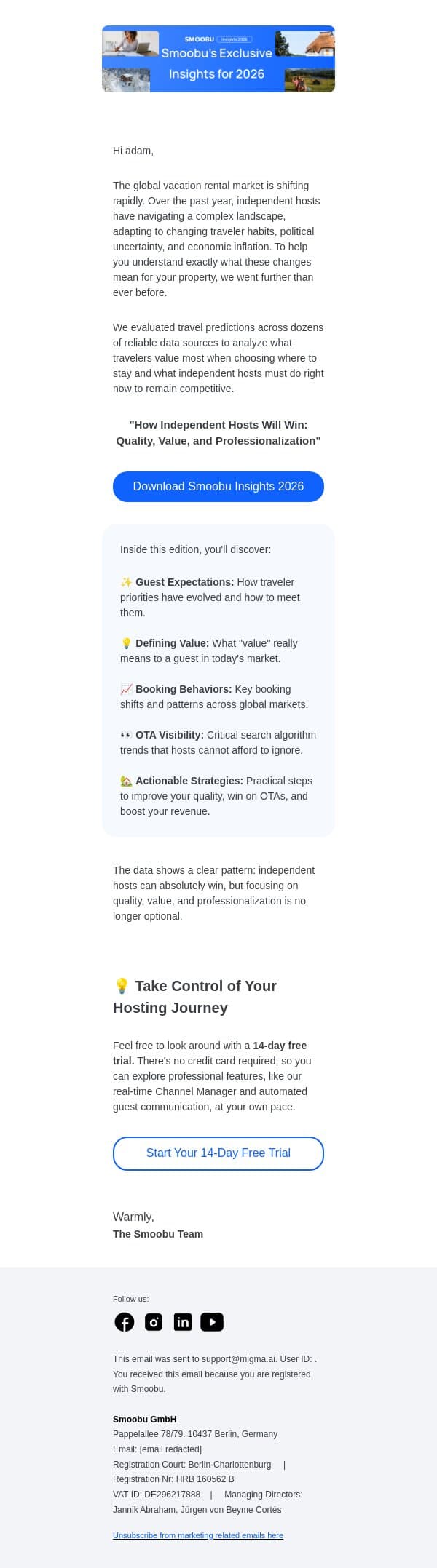 Smoobu Insights 2026: How independent hosts will win this year 📊 email from Smoobu screenshot