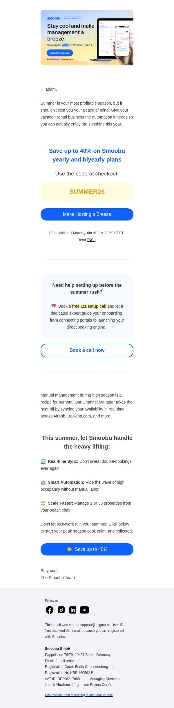 Up to 40% off Smoobu to beat peak season stress 🏖️ email from Smoobu screenshot