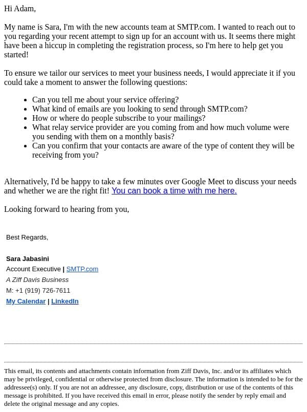 SMTP Account Creation email from SMTP.com screenshot