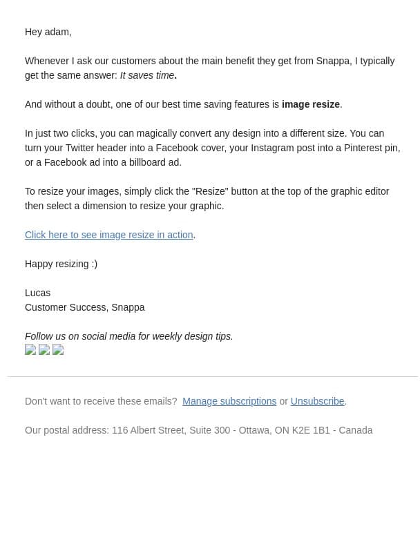 Save more time with image resize email from Snappa screenshot