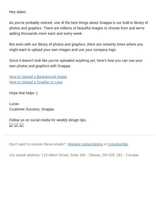 Use your own photos and graphics with Snappa email from Snappa screenshot