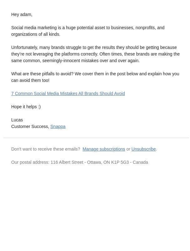 7 Common Social Media Mistakes All Brands Should Avoid email from Snappa screenshot