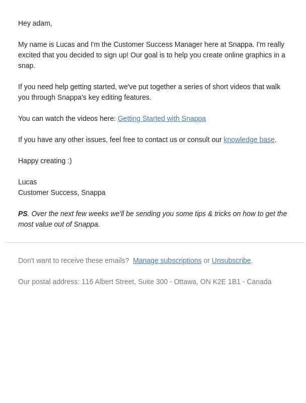 Welcome to Snappa :) Let's get started! email from Snappa screenshot