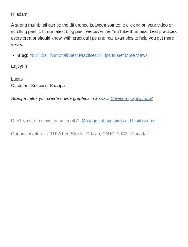 8 YouTube Thumbnail Tips to Get More Views 👀 email from Snappa screenshot