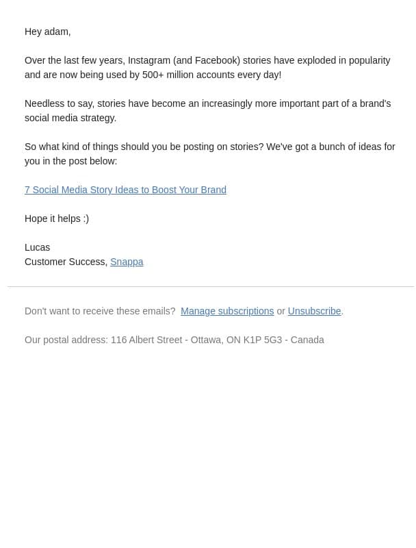 7 Social Media Story Ideas to Boost Your Brand email from Snappa screenshot