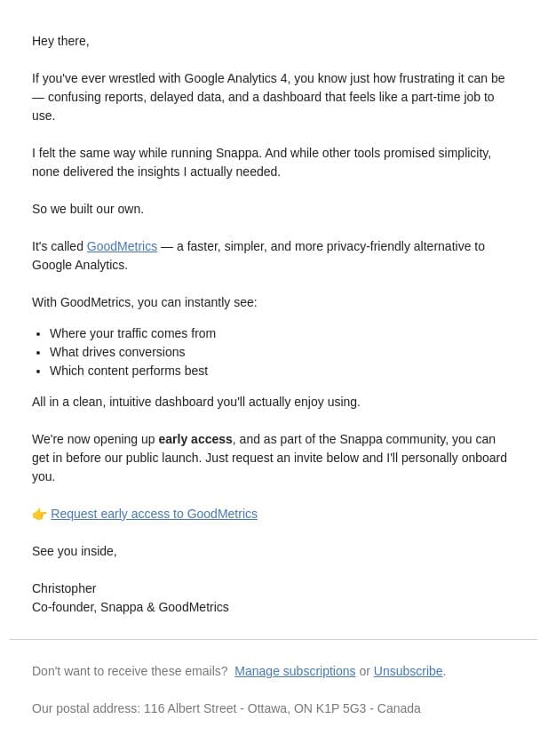 A better alternative to Google Analytics email from Snappa screenshot