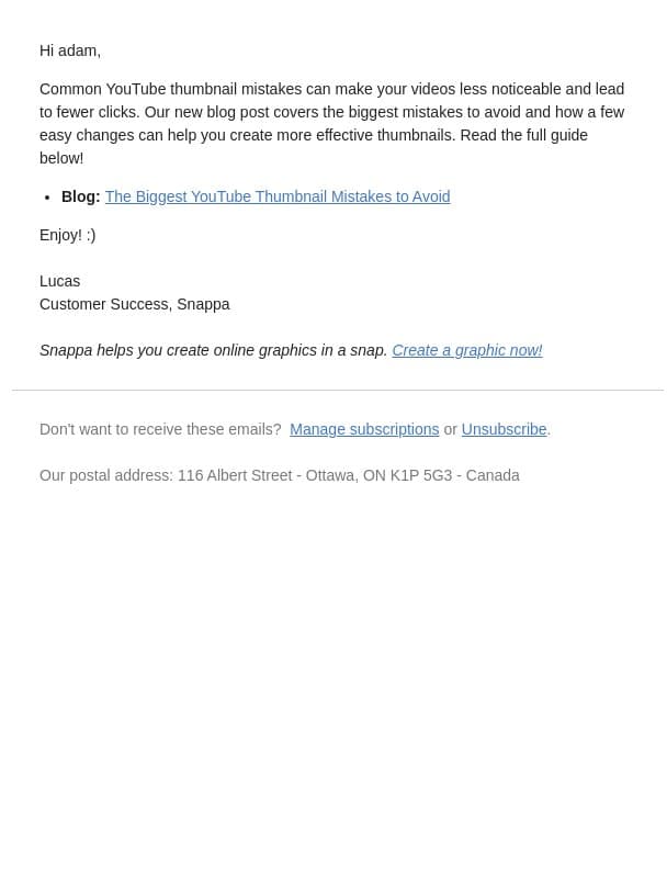 Stop Making These YouTube Thumbnail Mistakes ✋ email from Snappa screenshot
