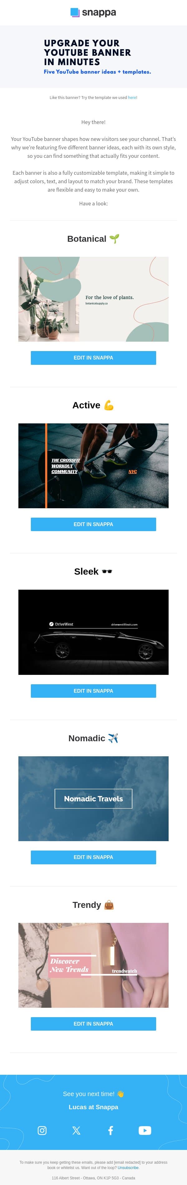 Upgrade Your YouTube Banner in Minutes ⏱️ email from Snappa screenshot