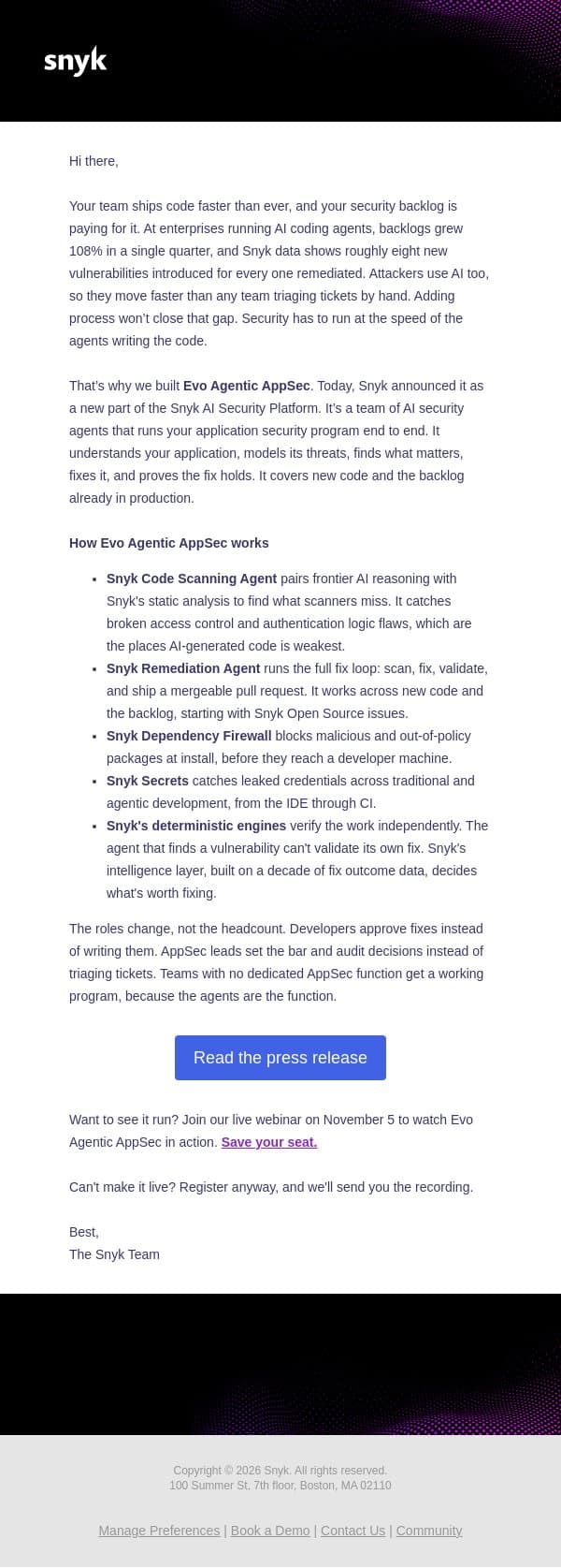Evo Agentic AppSec has arrived email from Snyk screenshot