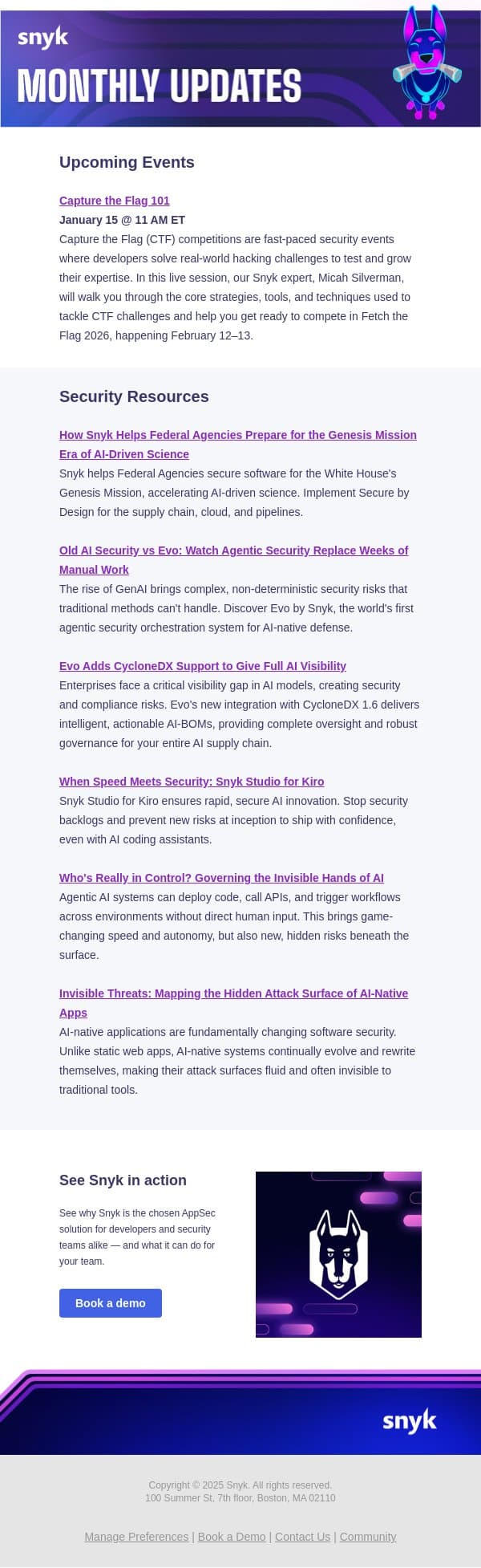 Security resources for 2026 & beyond email from Snyk screenshot