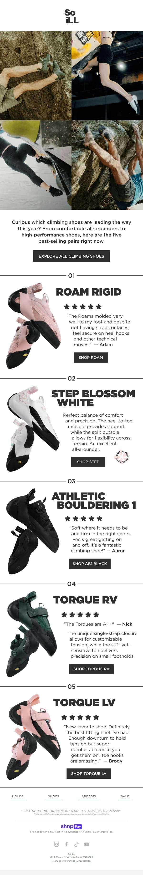 The best-selling climbing shoes of 2026 (so far) email from So iLL screenshot