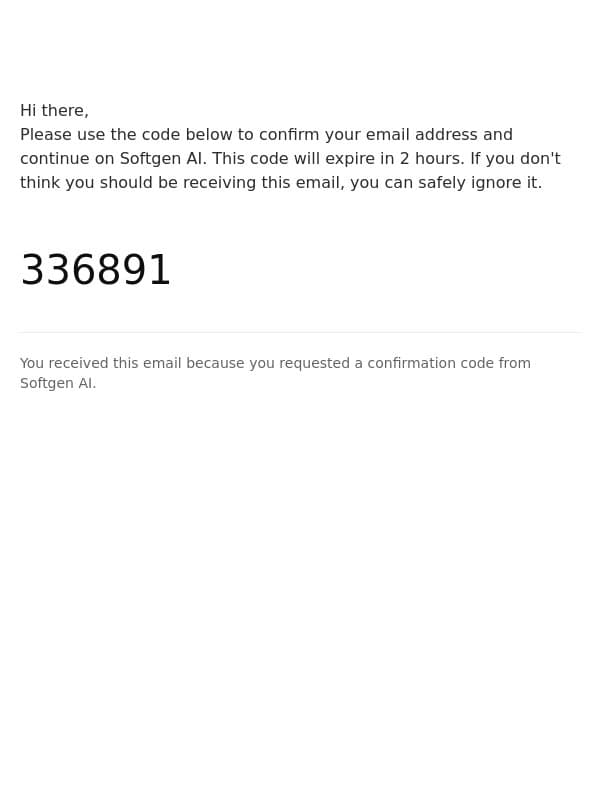 Email verification code email from Softgen screenshot