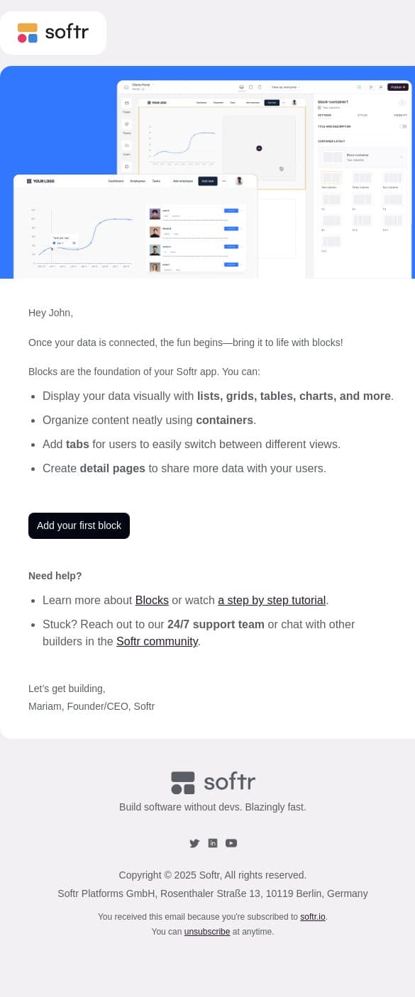 Bring your data to life with blocks ✨ email from Softr screenshot