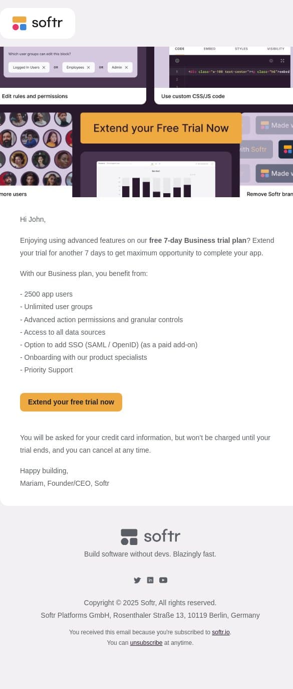 Your Softr free trial ends in 2 days email from Softr screenshot