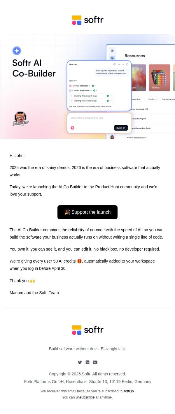 The AI Co-Builder is live on Product Hunt 😻 email from Softr screenshot