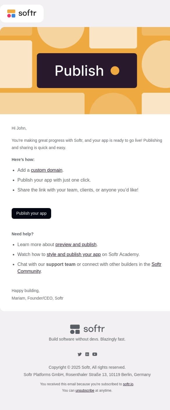 John, are you ready to publish your app? email from Softr screenshot