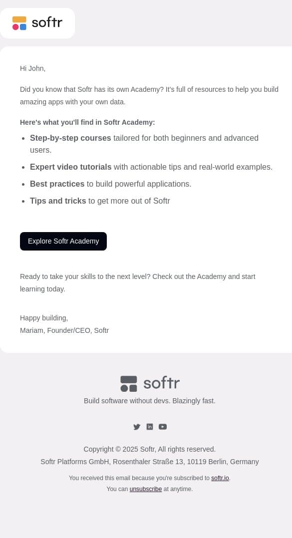 Ready to level up? Softr Academy is here! 🎓 email from Softr screenshot