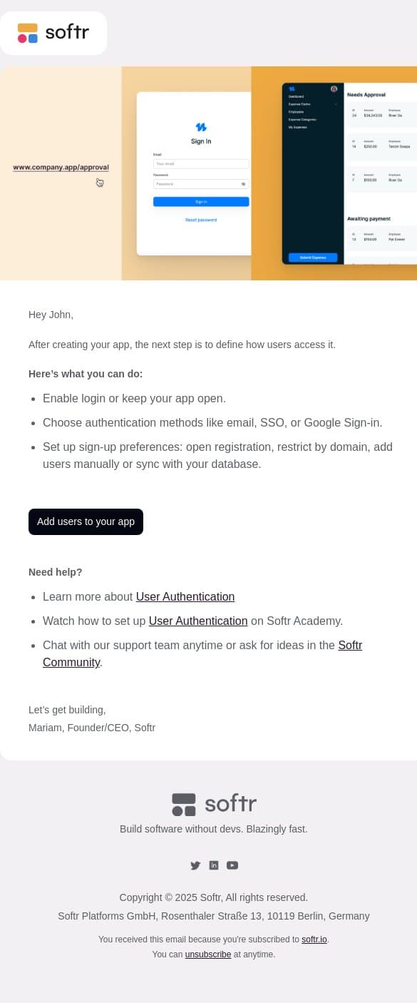 Add users to your app 👥 email from Softr screenshot