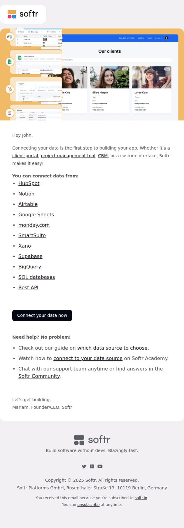 Connect your data and let's start building 🏎️ email from Softr screenshot