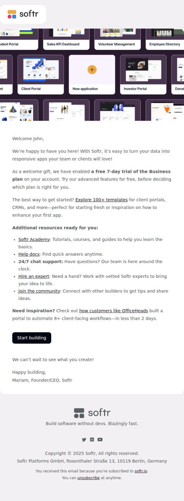 Welcome to Softr John 👋 email from Softr screenshot
