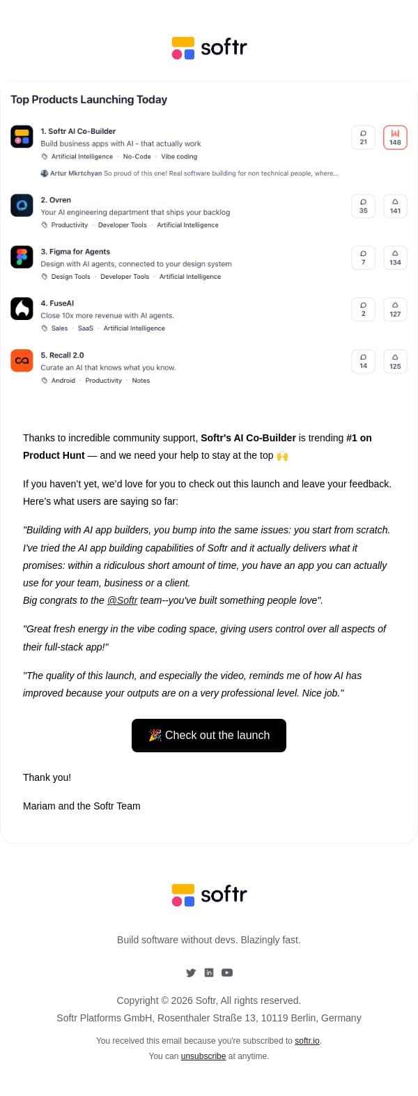 The AI Co-Builder is trending #1 on Product Hunt! 🎉 email from Softr screenshot